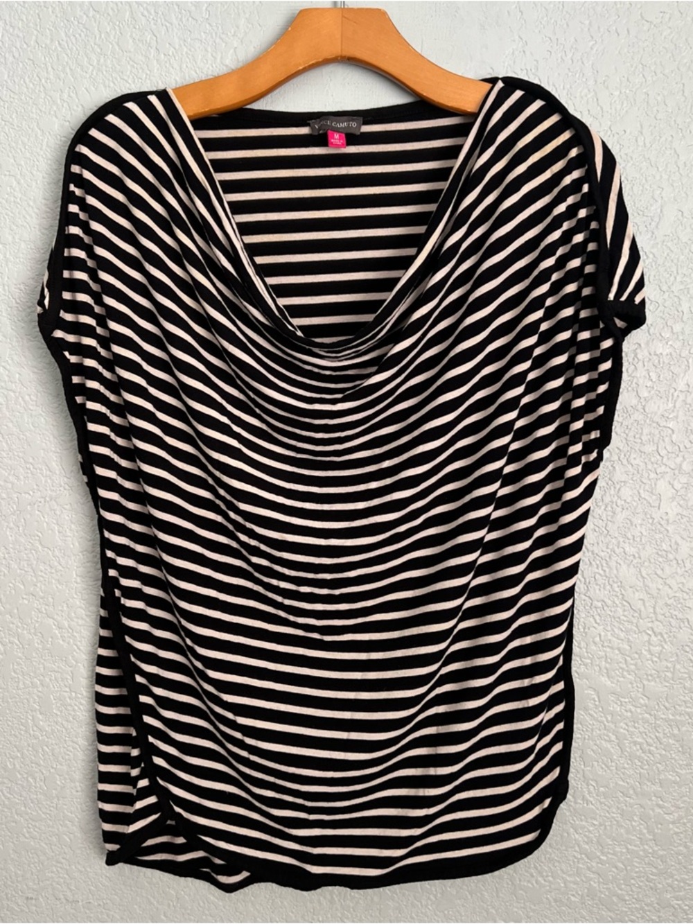 Vince Camuto Striped Cowl Neck Top Medium Parisian Chic Coastal Quiet Luxury